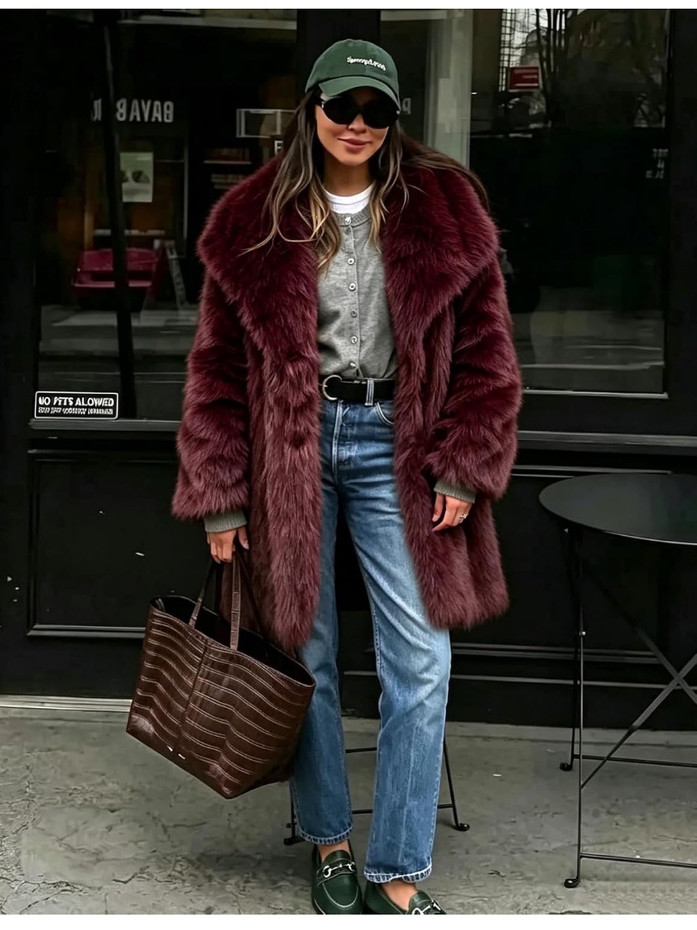 Women's Burgundy Faux Fur Coat - Luxe Winter Jacket